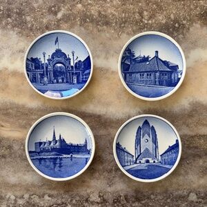 Vintage Set Of 4 Blue & White Aluminia Faience Denmark Danish Butter Pats/Plates
